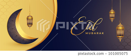 eid mubarak beautiful banner with realistic moon and lantern 101005075