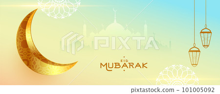 eid mubarak holy festival banner with realistic golden moon 101005092