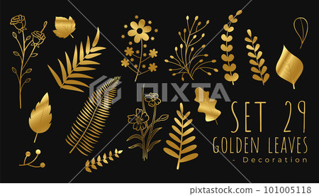 elegant collection of golden leaves on dark black background 101005118