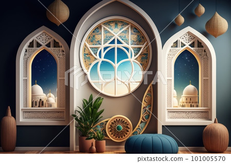 Islamic windows and arches with modern boho design in oriental style moon, mosque dome and lanterns. 101005570