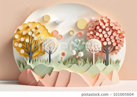 Spring season nature plant and birds on white background in pastel color and paper craft style. Spring season nature plant and birds on white background in pastel color and paper craft style. 101005604