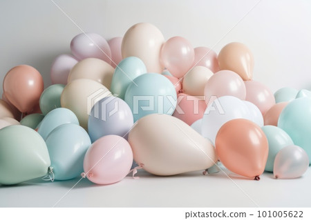 Pastel colorful balloons in white room background. Party and celebration. 101005622