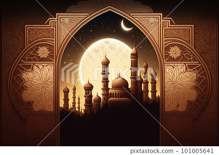 Arabic architecture, mosque, pattern and background. Ramadan Kareem Eid Mubarak Islamic holiday illustrations paper craft style. 101005641