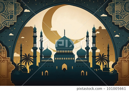 Arabic architecture, mosque, pattern and background. Ramadan Kareem Eid Mubarak Islamic holiday illustrations paper craft style. 101005661