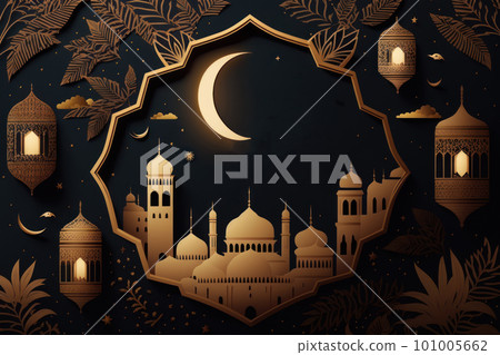Arabic architecture, mosque, pattern and background. Ramadan Kareem Eid Mubarak Islamic holiday illustrations paper craft style. 101005662