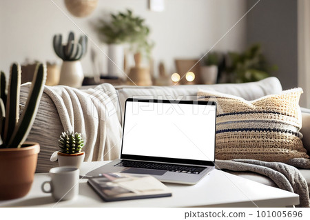Mock up of blank screen laptop computer on desk in modern living room, Still life workplace at home technology indoors lifestyle, home interior, Generative AI 101005696