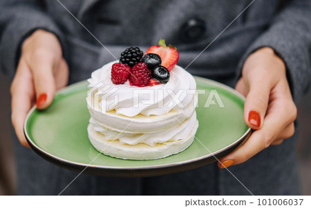 Pavlova meringue cake with fresh berries on a plate in female hands Pavlova meringue cake with fresh berries on a plate in female hands 101006037