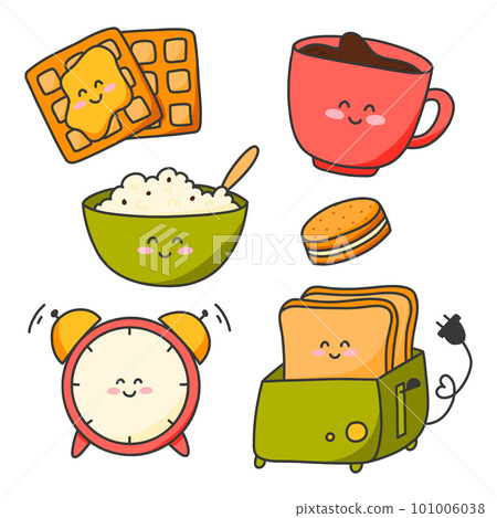 Set of good morning elements in kawaii style. Vector illustration. Collection of food for breakfast in cartoon style. Set of good morning elements in kawaii style. Vector illustration. Collection of food for breakfast in cartoon style. 101006038