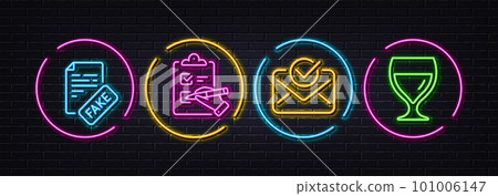 Fake news, Checklist and Approved mail minimal line icons. Neon laser 3d lights. Wine glass icons. For web, application, printing. Wrong fact, Questioning clipboard, Confirmed document. Vector Fake news, Checklist and Approved mail minimal line icons. Neon laser 3d lights. Wine glass icons. For web, application, printing. Wrong fact, Questioning clipboard, Confirmed document. Vector 101006147