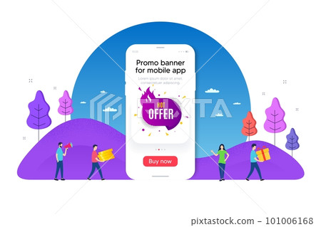 Hot offer banner. Phone ui interface banner. Discount sticker shape. Coupon tag icon. Mobile smartphone promo banner. Hot offer tag. Man with gift box. Vector 101006168