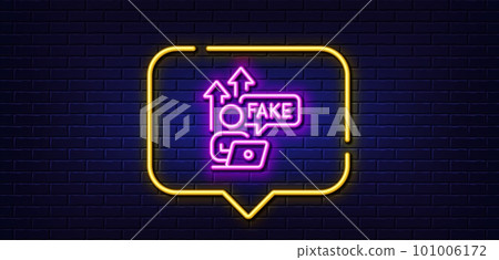 Neon light speech bubble. Fake internet line icon. Web propaganda sign. Wrong truth symbol. Neon light background. Fake internet glow line. Brick wall banner. Vector 101006172