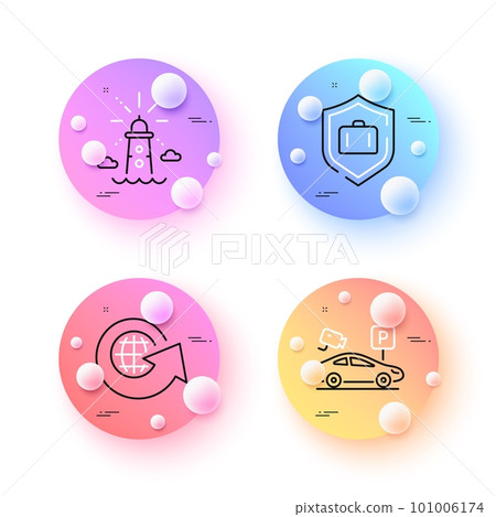 Luggage protect, Lighthouse and Parking security minimal line icons. 3d spheres or balls buttons. World globe icons. For web, application, printing. Vector Luggage protect, Lighthouse and Parking security minimal line icons. 3d spheres or balls buttons. World globe icons. For web, application, printing. Vector 101006174