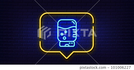 Neon light speech bubble. Water cooler bottle line icon. Still aqua drink sign. Liquid symbol. Neon light background. Water cooler glow line. Brick wall banner. Vector 101006227