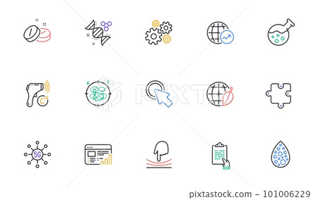 Puzzle, Chemistry dna and Cogwheel line icons for website, printing. Collection of Stress, World statistics, Medical tablet icons. Click here, 5g technology, Clipboard web elements. Vector 101006229