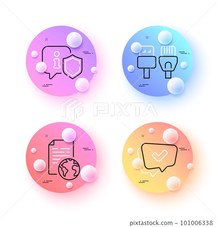 Shield, Approved and Internet document minimal line icons. 3d spheres or balls buttons. Computer cables icons. For web, application, printing. Safe secure, Chat message, Web page. Vector 101006338