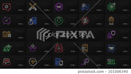 Set of Timer, Online documentation and Smartphone notification line icons. Include Calendar, Download arrow, Wind energy icons. 360 degree, Support chat, Medical chat web elements. Vector 101006340
