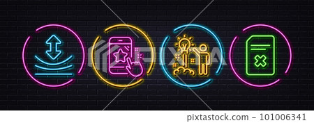 Star rating, Creative idea and Resilience minimal line icons. Neon laser 3d lights. Delete file icons. For web, application, printing. Phone feedback, Startup, Elastic. Remove document. Vector 101006341