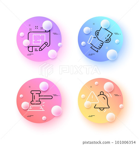 Architect plan, Winner cup and Attention bell minimal line icons. 3d spheres or balls buttons. Judge hammer icons. For web, application, printing. Engineering plan, Best trophy, Warning alarm. Vector 101006354