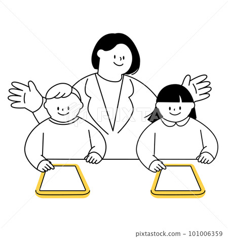 兒童和老師用平板電腦學習的矢量插圖。 101006359