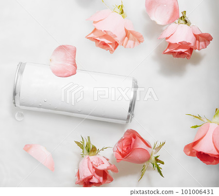Wet metal aluminum beverage drink can with rose petals Wet metal aluminum beverage drink can with rose petals 101006431