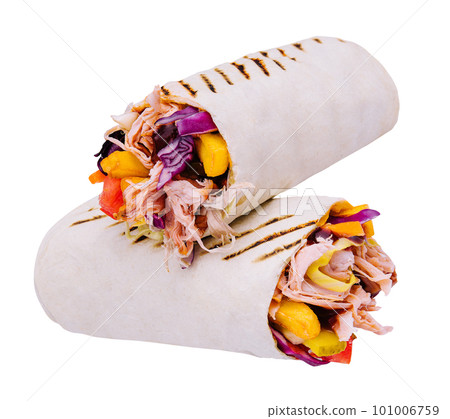 Delicious chicken shawarma with french fries on white Delicious chicken shawarma with french fries on white 101006759