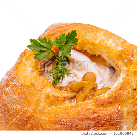 cream soup in bread isolated on white cream soup in bread isolated on white 101006942