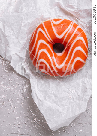 Watercolor orange donut. top view. Watercolor orange donut. top view. 101006989
