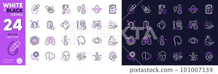Electronic thermometer, Checklist and Coronavirus line icons for website, printing. Collection of Healthy face, Eye drops, Lungs icons. World vaccination, Hand sanitizer. Bicolor outline icon. Vector Electronic thermometer, Checklist and Coronavirus line icons for website, printing. Collection of Healthy face, Eye drops, Lungs icons. World vaccination, Hand sanitizer. Bicolor outline icon. Vector 101007139