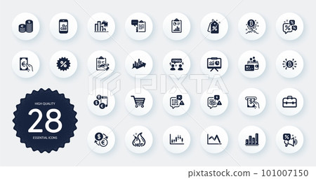 Set of Finance icons, such as Decreasing graph, Market sale and Candlestick graph flat icons. Discount tags, Binary code, Hot sale web elements. Checklist, Currency exchange, Card signs. Vector 101007150