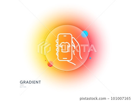 Shop app line icon. Gradient blur button with glassmorphism. Hand hold phone sign. Cellphone with screen notification symbol. Transparent glass design. Shop app line icon. Vector 101007165