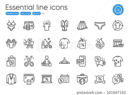 Market, Hold t-shirt and Dry t-shirt line icons. Collection of Discount tags, Sale bags, Wallet icons. Panties, Wallet money, Online shopping web elements. Suit, Discounts cart, Beauty. Vector Market, Hold t-shirt and Dry t-shirt line icons. Collection of Discount tags, Sale bags, Wallet icons. Panties, Wallet money, Online shopping web elements. Suit, Discounts cart, Beauty. Vector 101007182