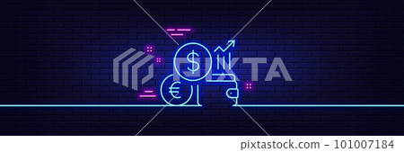 Neon light glow effect. Currency rates line icon. Money exchange sign. Trade wallet symbol. 3d line neon glow icon. Brick wall banner. Currency rate outline. Vector Neon light glow effect. Currency rates line icon. Money exchange sign. Trade wallet symbol. 3d line neon glow icon. Brick wall banner. Currency rate outline. Vector 101007184