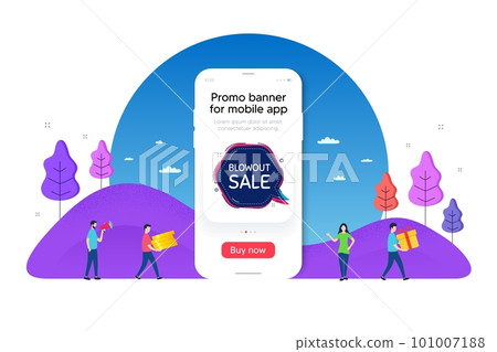Blowout sale bubble banner. Phone ui interface banner. Discount chat sticker. Reduction offer icon. Mobile smartphone promo banner. Blowout sale tag. Man with gift box. Vector 101007188
