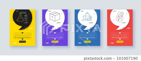 Set of Chemistry lab, Skyscraper buildings and Package line icons. Poster offer frame with quote, comma. Include Hypoallergenic tested icons. For web, application. Vector 101007190