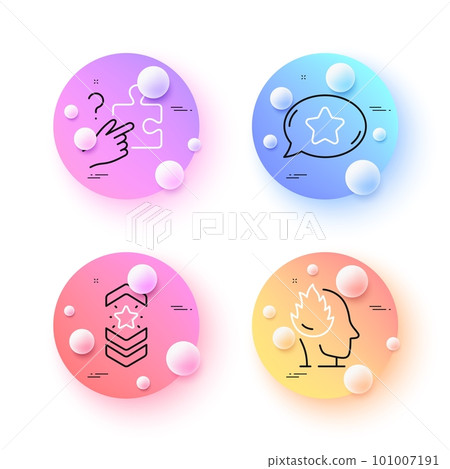 Favorite chat, Search puzzle and Stress minimal line icons. 3d spheres or balls buttons. Shoulder strap icons. For web, application, printing. Best bubble, Jigsaw game, Mind anxiety. Star rank. Vector 101007191