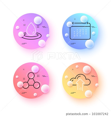 Fuel energy, Cloud upload and Calendar minimal line icons. 3d spheres or balls buttons. Chemistry molecule icons. For web, application, printing. Petroleum, File storage, Schedule planner. Vector 101007242