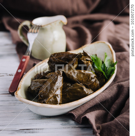 Dolma cabbage rolls grape leaves with filling and white sauce 101007270