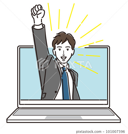 Businessman jumping out of the computer and raising his fist 101007396