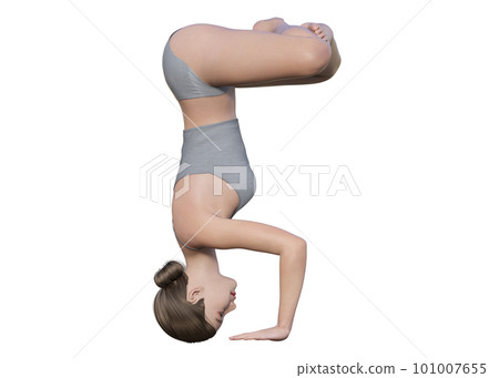 3D illustration of a woman doing a headstand yoga pose with her hands and head on the ground, seen from the side 3D illustration of a woman doing a headstand yoga pose with her hands and head on the ground, seen from the side 101007655