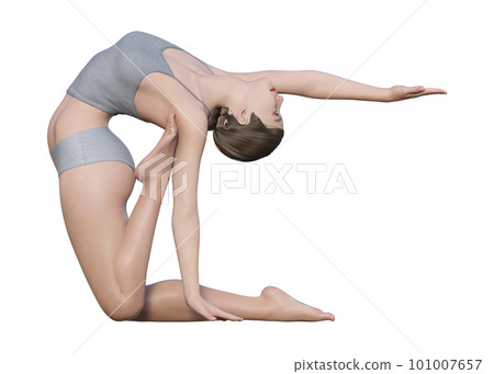 一個女人做困難的後彎瑜珈姿勢的 3D 側視圖全身插圖 101007657