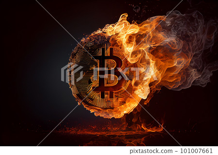 Burning in fire golden bitcoin on black background, Bitcoin coin in flames, burn cryptocurrency bit coin money, crash and blockchain bubble, Generative AI Burning in fire golden bitcoin on black background, Bitcoin coin in flames, burn cryptocurrency bit coin money, crash and blockchain bubble, Generative AI 101007661