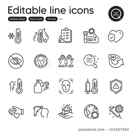 Set of Medical outline icons. Contains icons as Face detect, Face detection and Covid test elements. High thermometer, Thermometer, Coronavirus vaccine web signs. Volunteer, Shield. Vector 101007940