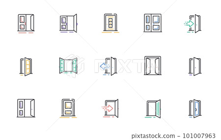 Entrance line icons. Open door, Building entry, Emergency exit. Closed doorway, Doorframe, House entrance outline icons. Door knob, home entry, building access. Interior gate, double door. Vector Entrance line icons. Open door, Building entry, Emergency exit. Closed doorway, Doorframe, House entrance outline icons. Door knob, home entry, building access. Interior gate, double door. Vector 101007963