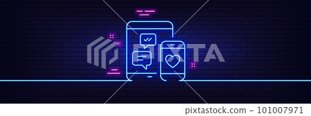 Neon light glow effect. Social media messages line icon. Mobile devices sign. Smartphone Love message symbol. 3d line neon glow icon. Brick wall banner. Social media outline. Vector Neon light glow effect. Social media messages line icon. Mobile devices sign. Smartphone Love message symbol. 3d line neon glow icon. Brick wall banner. Social media outline. Vector 101007971