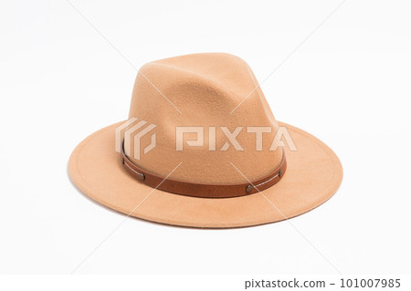 Stilish brown safari style hat with strap for women, isolated white background 101007985