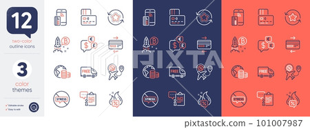Set of Free delivery, Money currency and Stop stress line icons. Include Card, Loyalty points, Bitcoin project icons. Flight sale, Clipboard, Contactless payment web elements. Hot offer. Vector Set of Free delivery, Money currency and Stop stress line icons. Include Card, Loyalty points, Bitcoin project icons. Flight sale, Clipboard, Contactless payment web elements. Hot offer. Vector 101007987