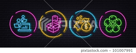 Loan, Delivery location and Teamwork minimal line icons. Neon laser 3d lights. Natural linen icons. For web, application, printing. Investment of savings, Parcel shipping, Networking. Vector 101007991