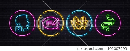 Safe time, Unlock system and Message minimal line icons. Neon laser 3d lights. Timeline icons. For web, application, printing. Hold clock, Access granted, Speech bubble. Journey path. Vector 101007993