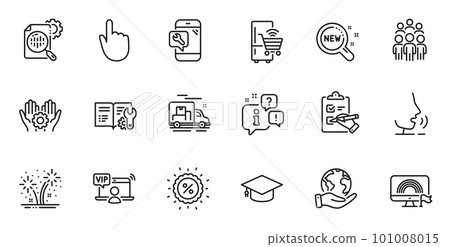 Outline set of Employee hand, Discount and Group people line icons for web application. Talk, information, delivery truck outline icon. Include Checklist, Fireworks, Refrigerator icons. Vector 101008015