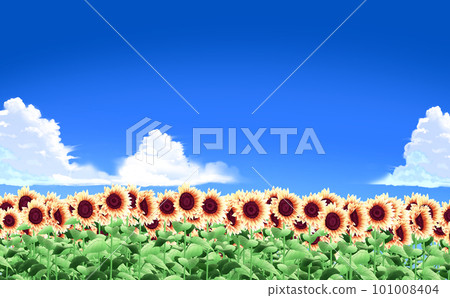 夏季插圖素材、積雨雲和向日葵田-遠景-有差異的藍天背景 101008404
